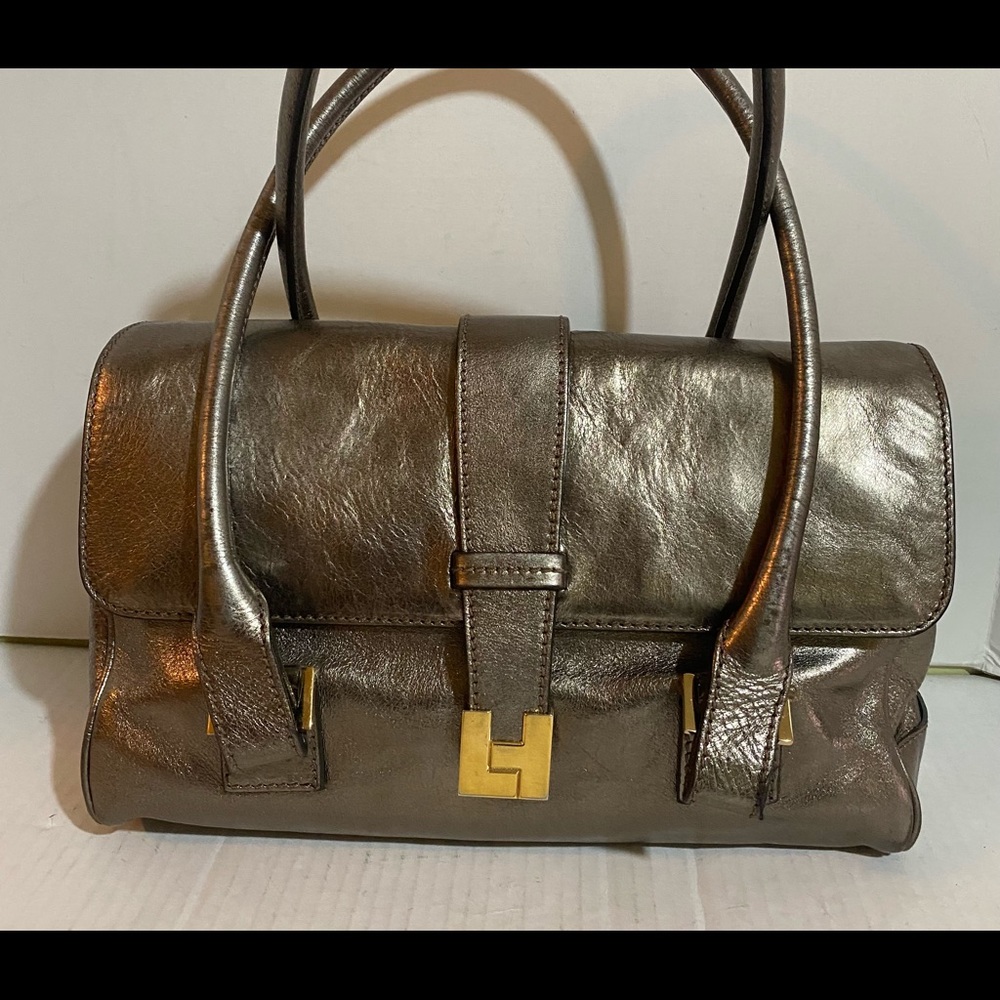 Lambertson truex gold metallic leather satchel bag